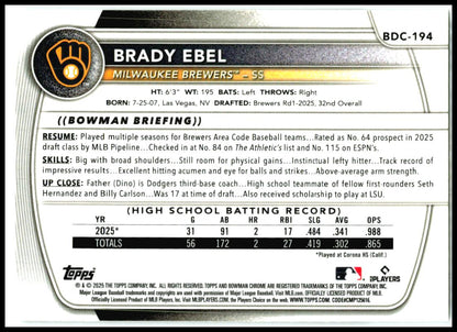 2025 Bowman Draft Chrome Mojo Refractor #BDC-194 Brady Ebel Milwaukee Brewers
