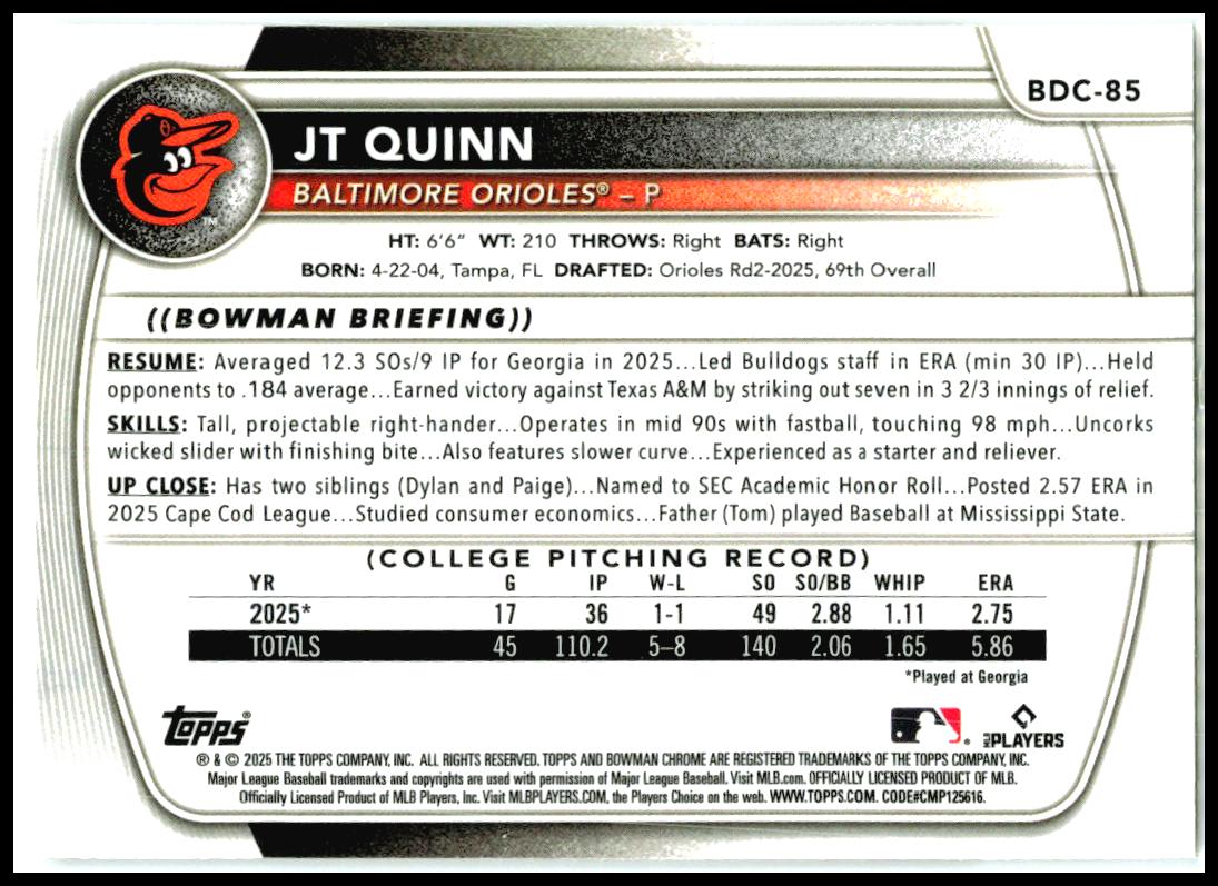 2025 Bowman Draft Chrome Mojo Refractor #BDC-85 JT Quinn Baltimore Orioles