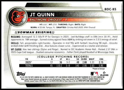 2025 Bowman Draft Chrome Mojo Refractor #BDC-85 JT Quinn Baltimore Orioles