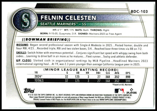 2025 Bowman Draft Chrome Laser Refractor #BDC-103 Felnin Celesten Mariners