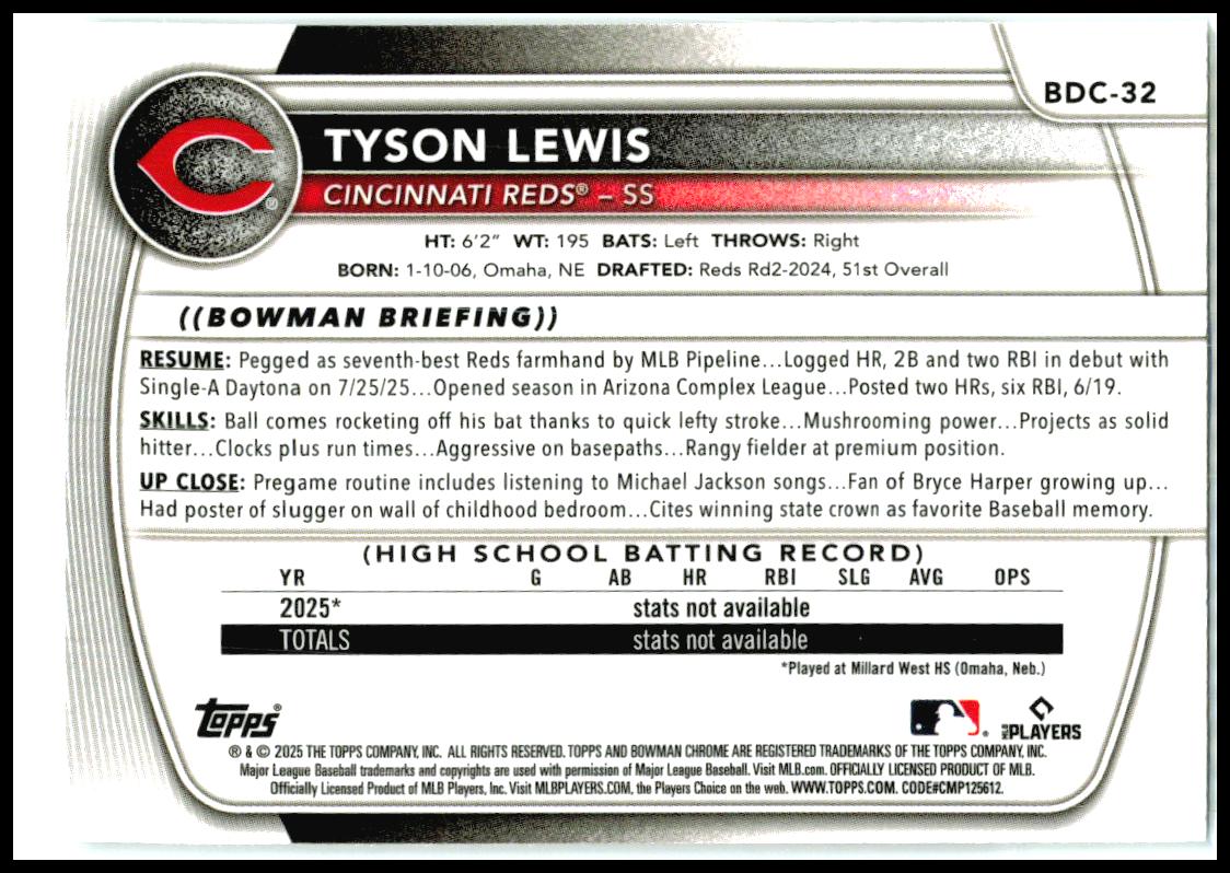 2025 Bowman Draft Chrome #BDC-32 Tyson Lewis Cincinnati Reds