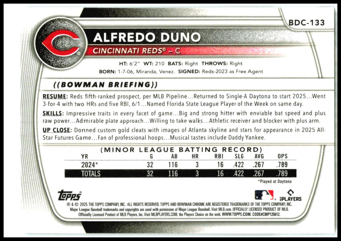 2025 Bowman Draft Chrome #BDC-133 Alfredo Duno Cincinnati Reds
