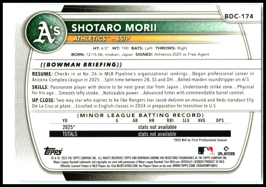 2025 Bowman Draft Chrome #BDC-174 Shotaro Morii Athletics