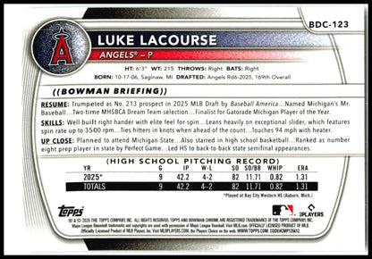 2025 Bowman Draft Chrome Laser Refractor #BDC-123 Luke LaCourse Angels