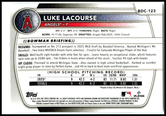2025 Bowman Draft Chrome Laser Refractor #BDC-123 Luke LaCourse Angels