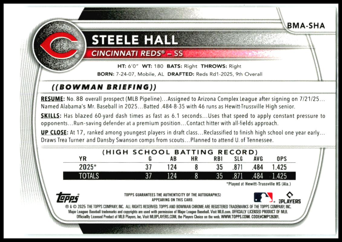 2025 Bowman Chrome Mojo Auto Refractor #BMASHA Steele Hall Reds