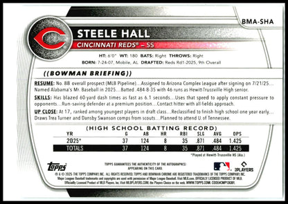 2025 Bowman Chrome Mojo Auto Refractor #BMASHA Steele Hall Reds