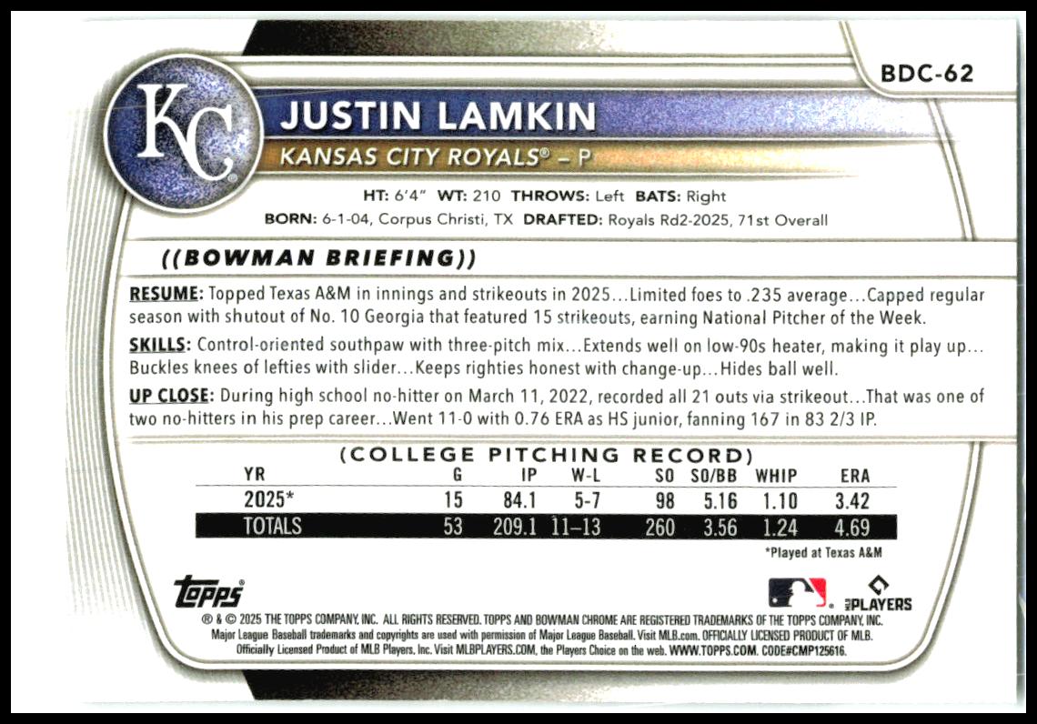 2025 Bowman Draft Chrome mojo #BDC-62 Justin Lamkin Kansas City Royals