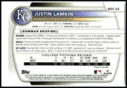 2025 Bowman Draft Chrome mojo #BDC-62 Justin Lamkin Kansas City Royals