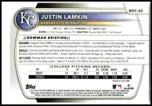 2025 Bowman Draft Chrome mojo #BDC-62 Justin Lamkin Kansas City Royals