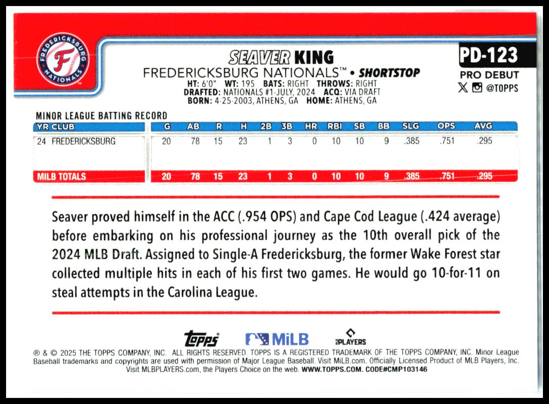 2025 Topps Pro Debut #PD-123 Seaver King Fredericksburg Nationals