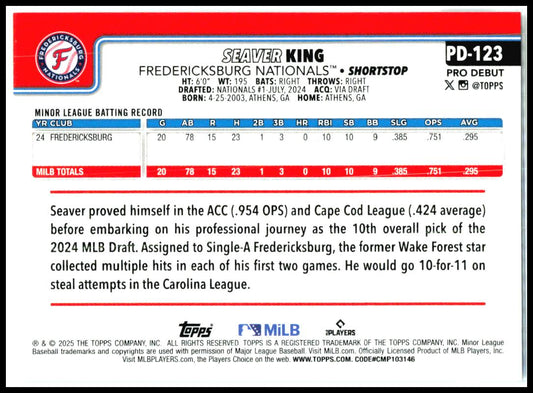 2025 Topps Pro Debut #PD-123 Seaver King Fredericksburg Nationals