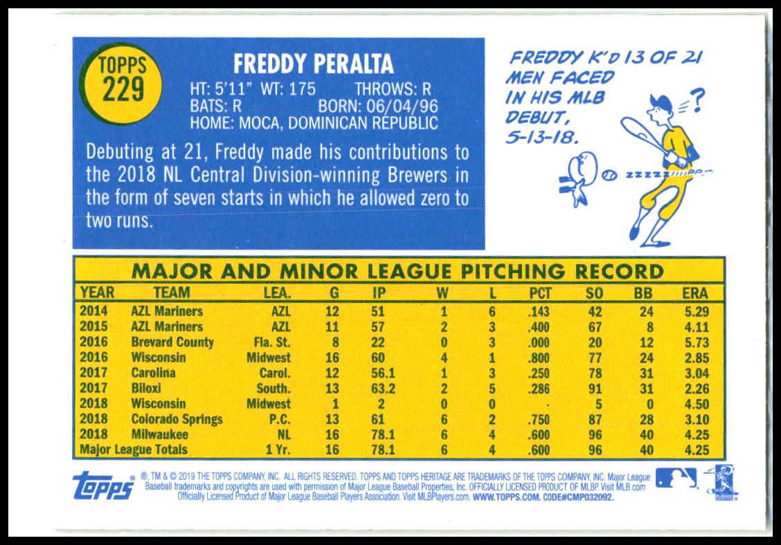 2019 Topps Heritage #229 Freddy Peralta Milwaukee Brewers