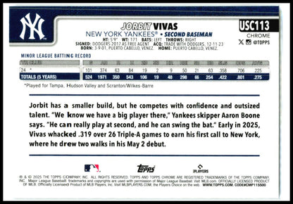 2025 Topps Chrome Update #USC113 Jorbit Vivas Rookie New York Yankees