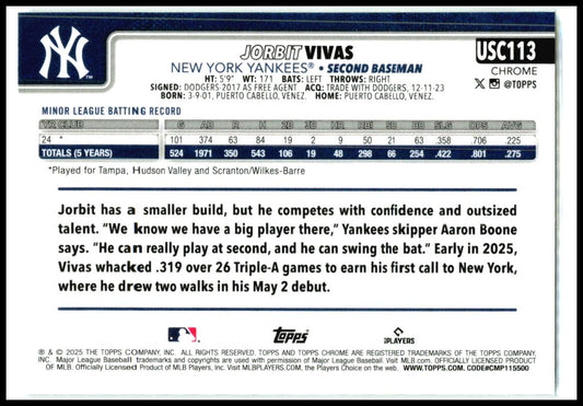 2025 Topps Chrome Update #USC113 Jorbit Vivas Rookie New York Yankees