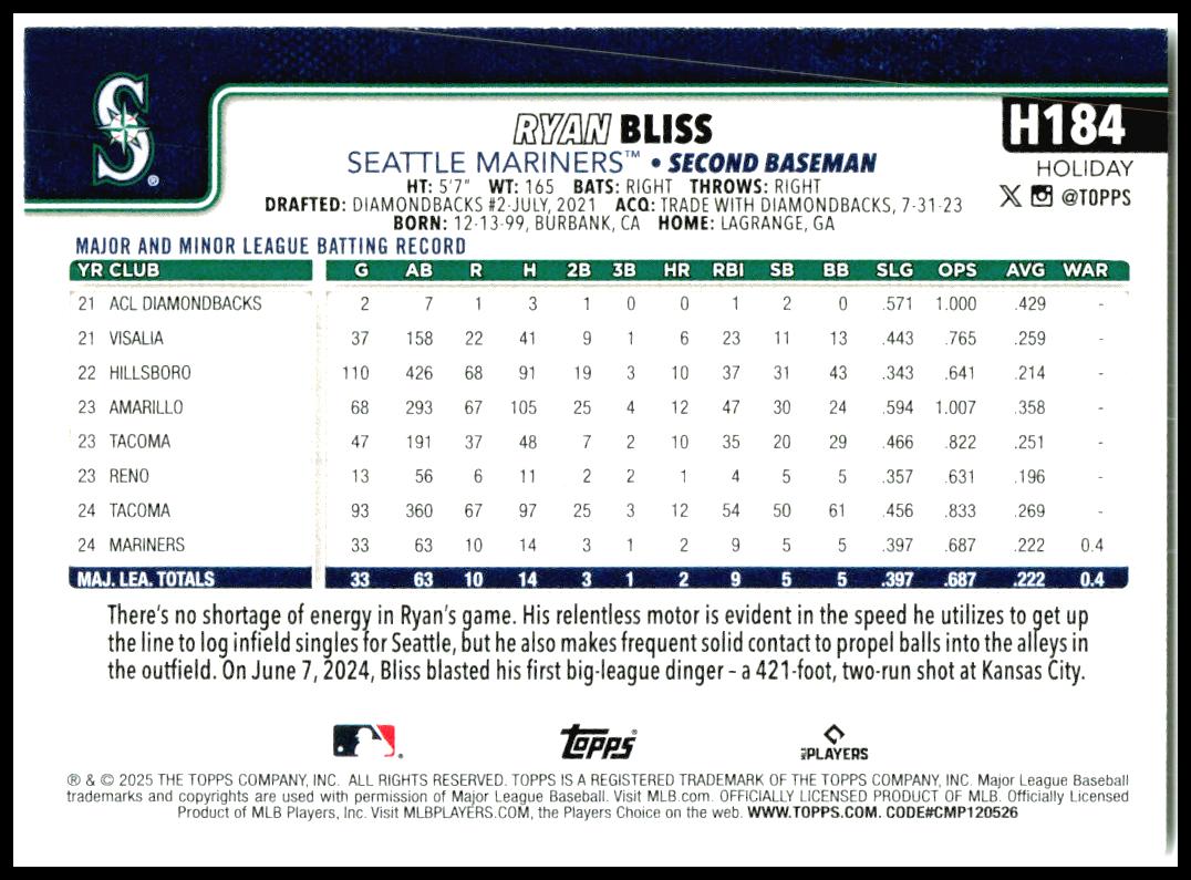 2025 Topps Holiday #H184 Ryan Bliss Rookie Seattle Mariners