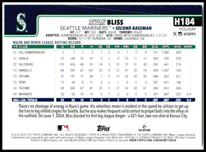 2025 Topps Holiday #H184 Ryan Bliss Rookie Seattle Mariners