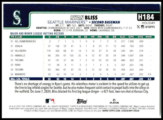 2025 Topps Holiday #H184 Ryan Bliss Rookie Seattle Mariners