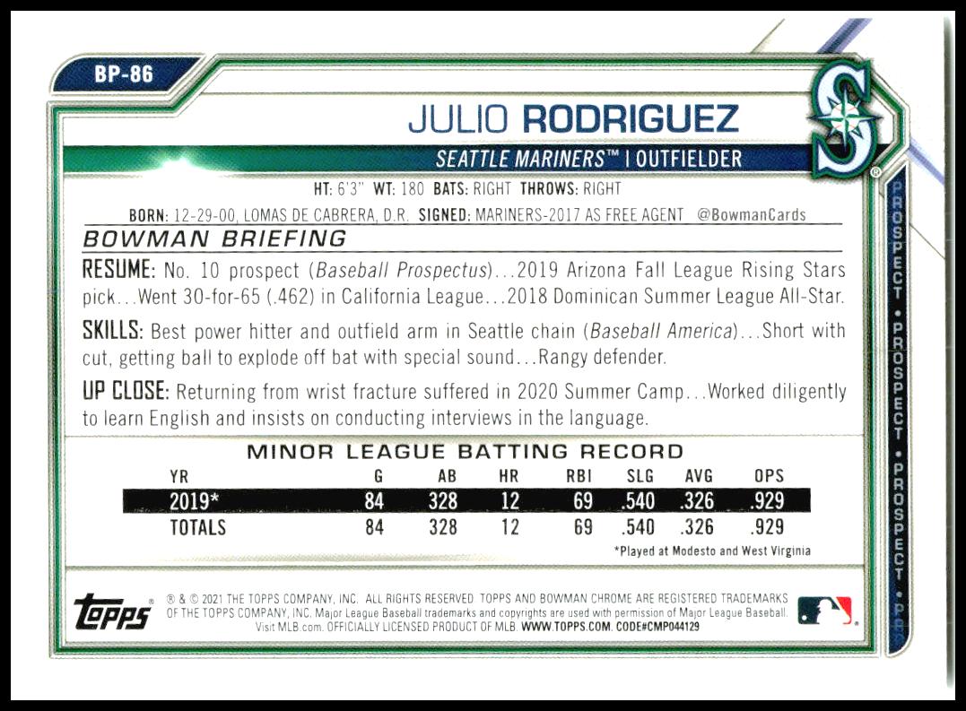 2021 Bowman Prospects #BP-86 Julio Rodriguez Seattle Mariners