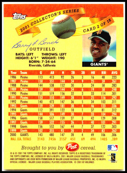 2001 Topps Post Cereal #2 Barry Bonds San Francisco Giants