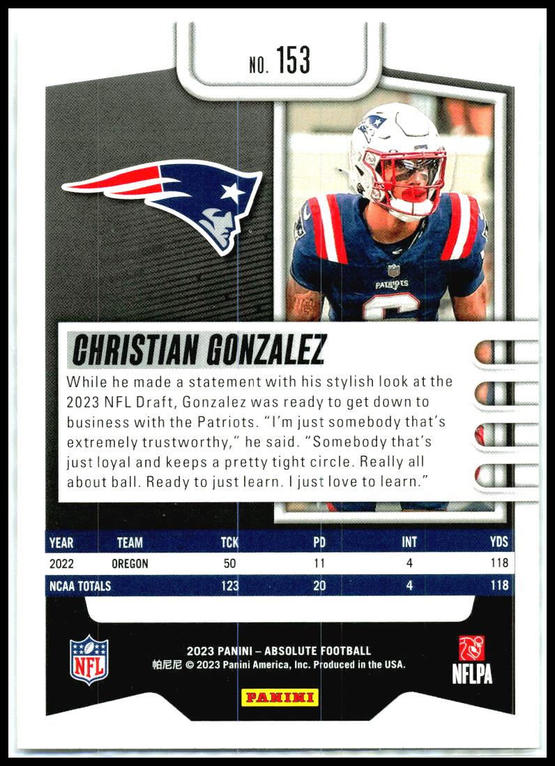 2023 Panini Absolute #153 Christian Gonzalez New England Patriots