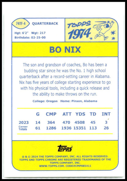 2024 Topps Chrome 1974 Topps Football #74TF-4 Bo Nix Denver Broncos