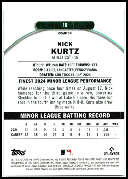 2025 Finest Blue #10 Nick Kurtz Rookie Athletics