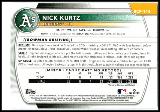 2025 Bowman Chrome Prospects Mojo Purple /250 #BCP-114 Nick Kurtz Athletics