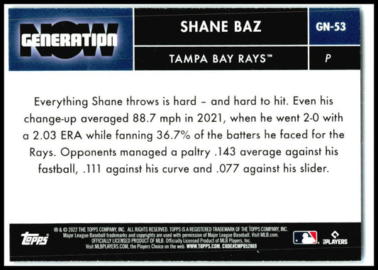 2022 Topps Generation Now #GN-53 Shane Baz Tampa Bay Rays