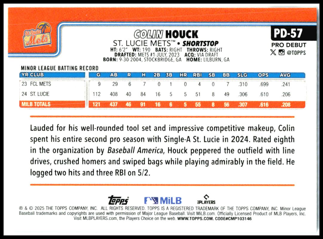 2025 Topps Pro Debut #PD-57 Colin Houck St. Lucie Mets
