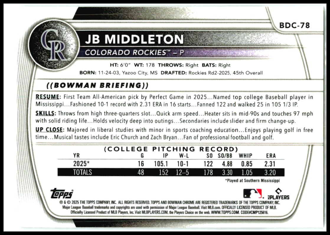 2025 Bowman Draft Chrome Mojo #BDC-78 JB Middleton Colorado Rockies