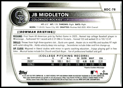 2025 Bowman Draft Chrome Mojo #BDC-78 JB Middleton Colorado Rockies
