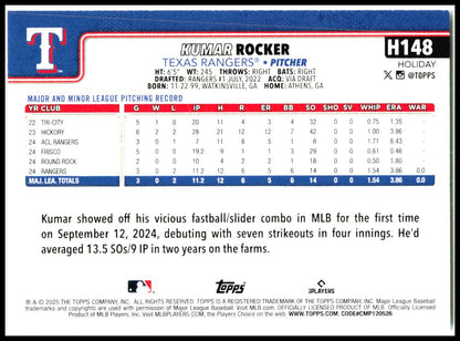 2025 Topps Holiday #H148 Kumar Rocker Rookie Texas Rangers