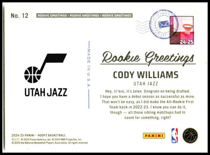 2024-25 Hoops Winter Rookie Greetings #12 Cody Williams Utah Jazz