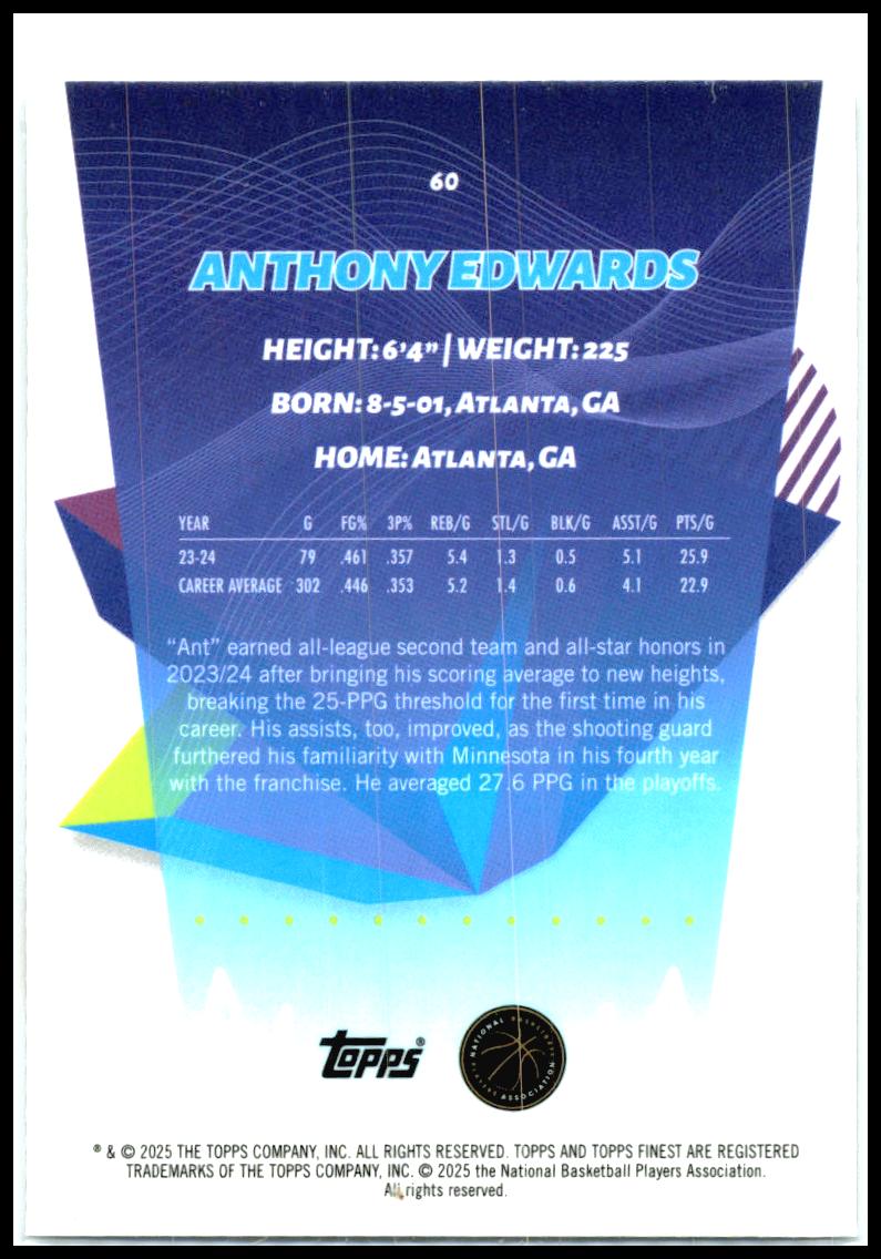 2024-25 Finest #60 Anthony Edwards Minnesota Timberwolves