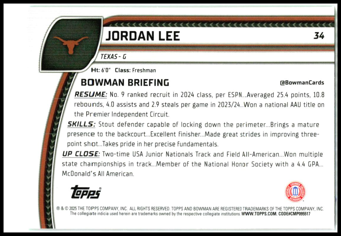 2024-25 Bowman University Chrome Green Shimmer Refractor #34 Jordan Lee Texas