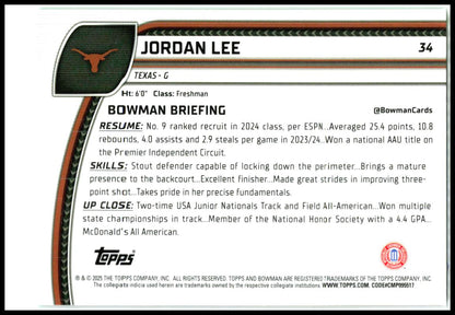 2024-25 Bowman University Chrome Green Shimmer Refractor #34 Jordan Lee Texas