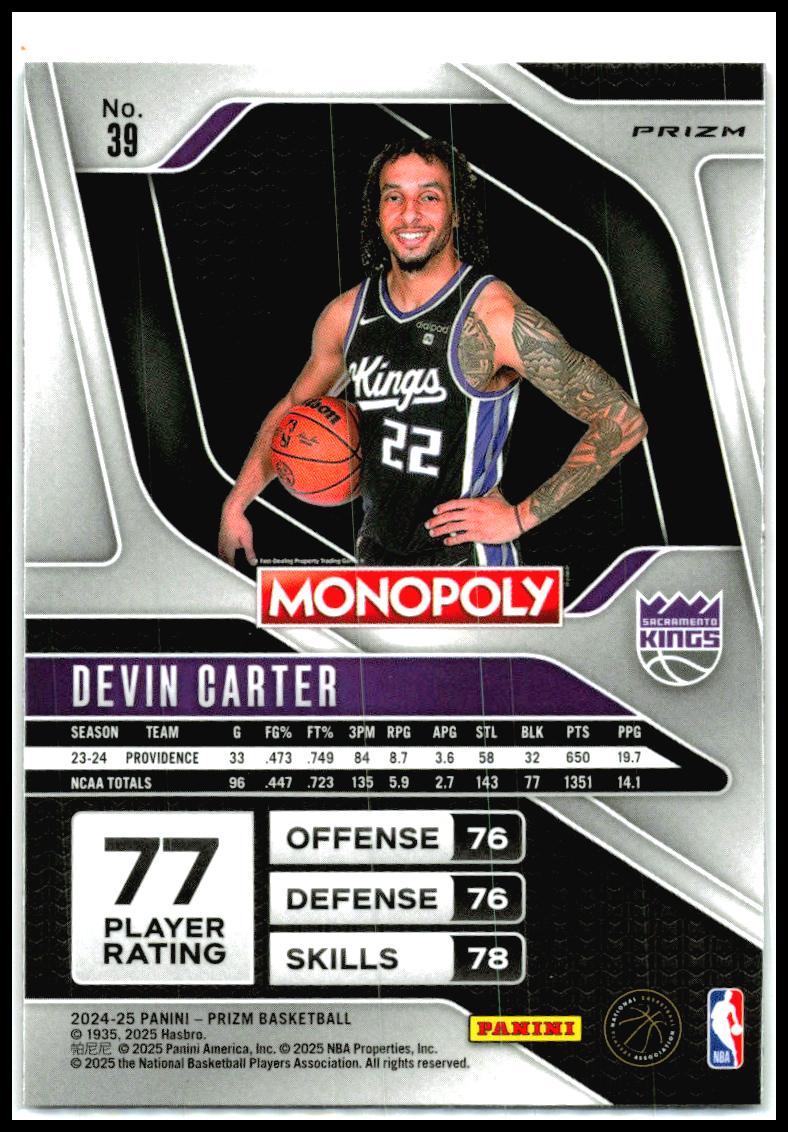 2024-25 Panini Prizm Monopoly Red Prizms #39 Devin Carter Rookie Kings