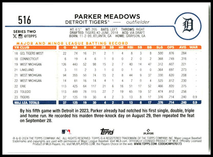 2024 Topps #516 Parker Meadows Rookie Detroit Tigers