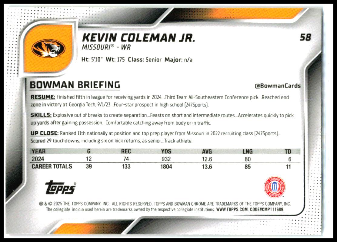 2025 Bowman University Chrome Pink Lava Refractor #58 Kevin Coleman Jr. Missouri