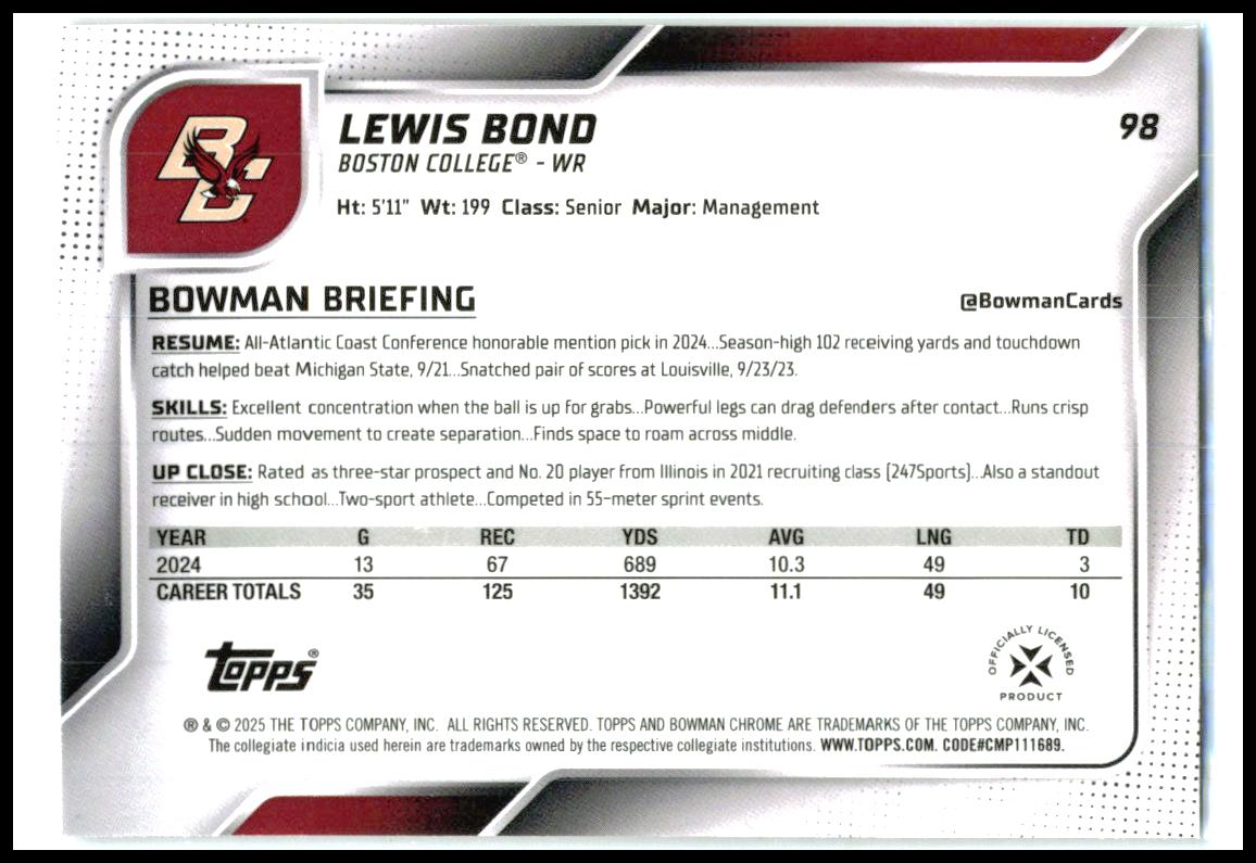 2025 Bowman University Chrome #98 Lewis Bond Boston College Eagles