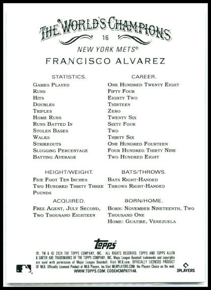 2024 Topps Allen & Ginter Silver Portrait #16 Francisco Alvarez New York Mets