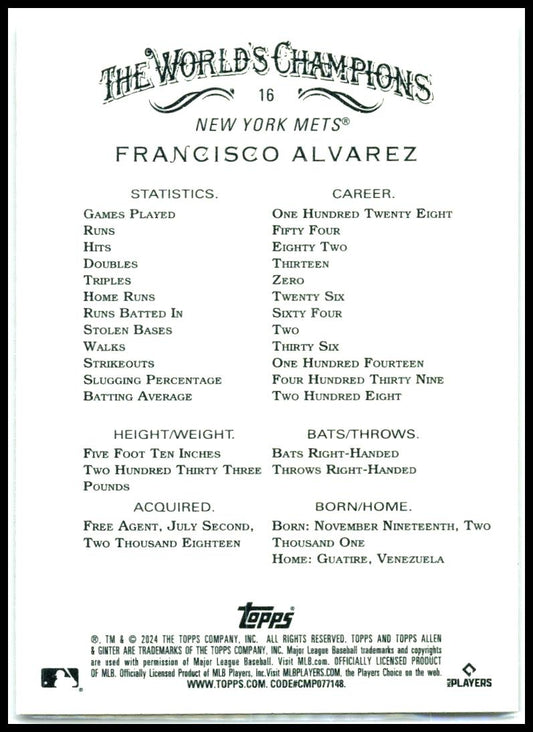 2024 Topps Allen & Ginter Silver Portrait #16 Francisco Alvarez New York Mets