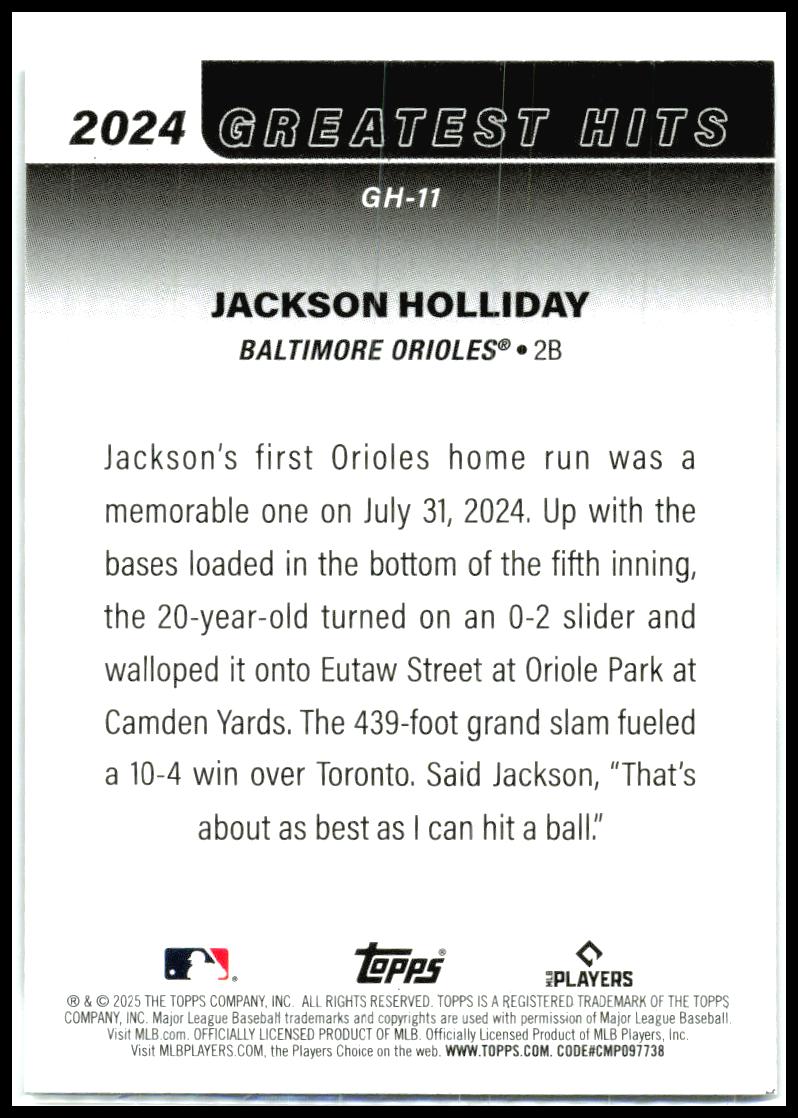 2025 Topps 2024 Greatest Hits #GH-11 Jackson Holliday Baltimore Orioles