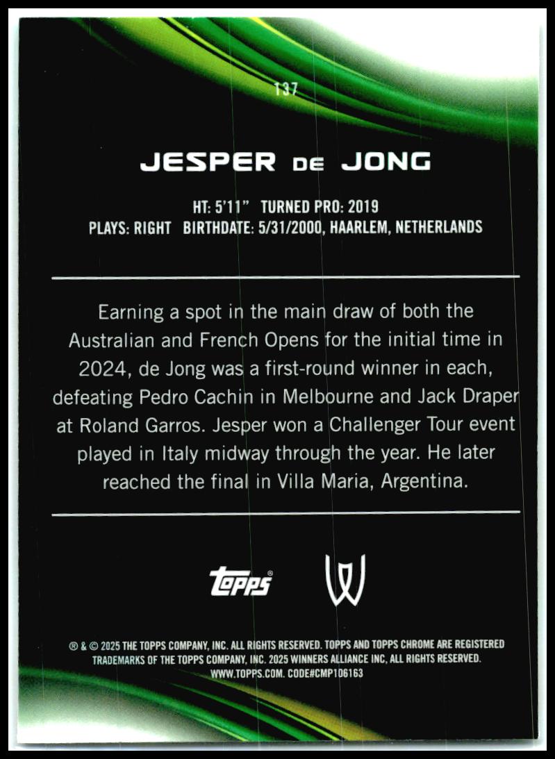 2025 Topps Chrome Aqua Refractor #137 Jesper de Jong #/199