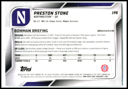 2025 Bowman University Chrome #198 Preston Stone Northwestern Wildcats