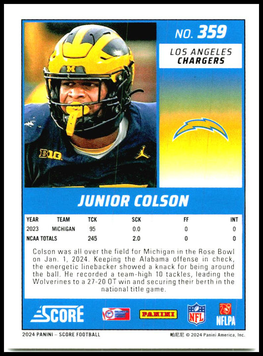 2024 Score #359 Junior Colson Rookie Los Angeles Chargers