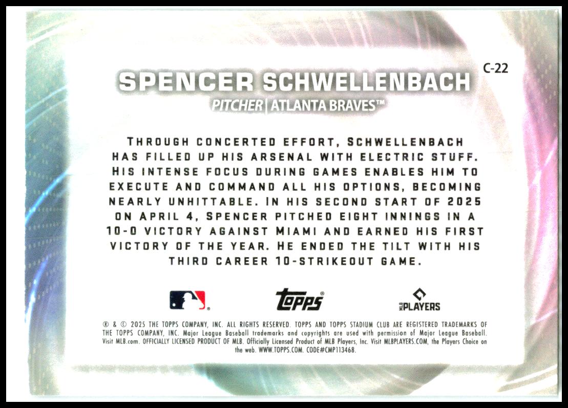 2025 stadium club concentration #C22 Spencer Schwellenbach Braves