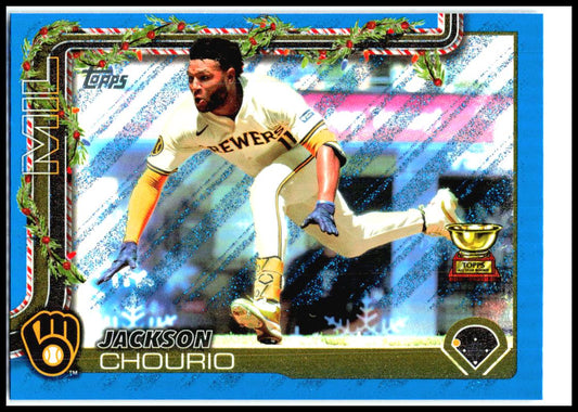 2025 Topps Holiday Blue Metallic Glitter Holiday #H182 Jackson Chourio Brewers