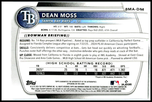 2025 Bowman Draft Mojo Blue Auto/150 #BMADM Dean Moss Dean Moss